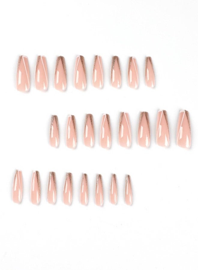 YoYoee 24-Piece Long Coffin Press on Nails - French Glitter False Nails | Nude Full Cover Fake Nails for Women Elegant & Durable Artificial Nails for Instant Manicure - Image 2