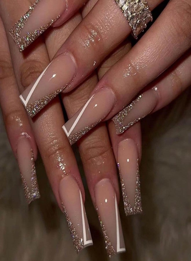 YoYoee 24-Piece Long Coffin Press on Nails - French Glitter False Nails | Nude Full Cover Fake Nails for Women Elegant & Durable Artificial Nails for Instant Manicure - Image 1