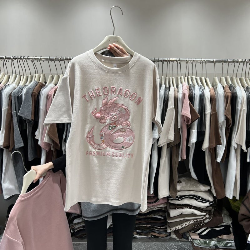 Thickened Short-Sleeved T-Shirt Women'S 2023 New Arrival Heavy Industry Embroidered Dragon Year National Trendy Long Half-Sleeved Top - Image 1