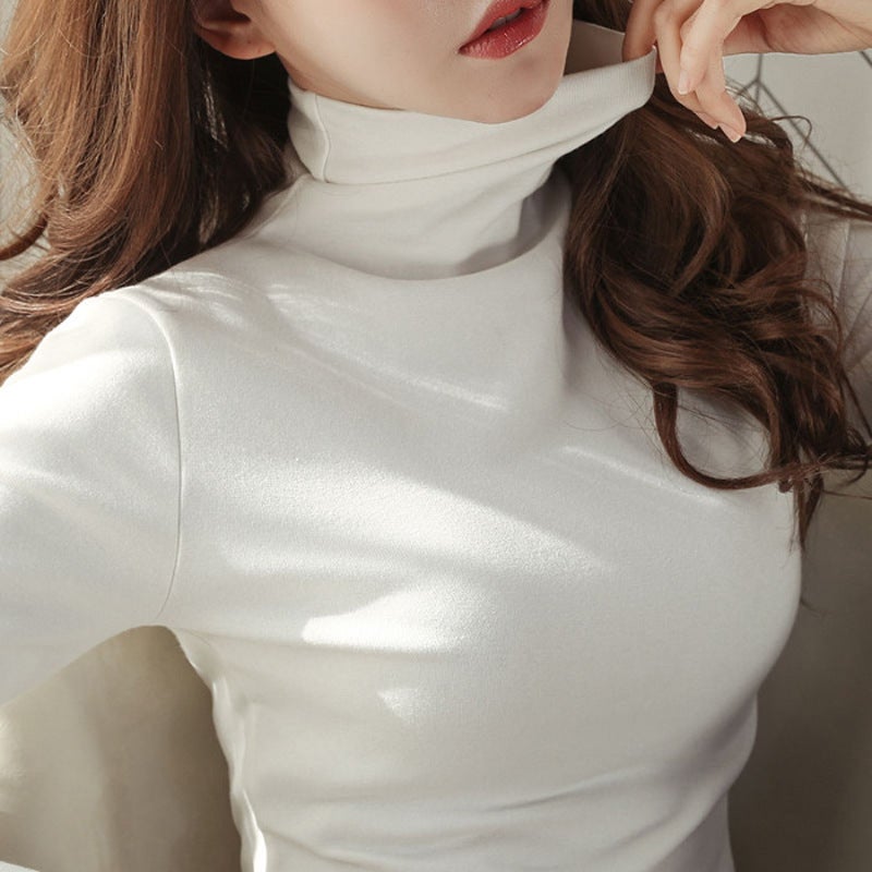 Thin Plus Velvet Solid Color T-Shirt Women'S Generation High Collar Base Shirt Long Sleeve Korean Women'S Slim Fit - Image 5