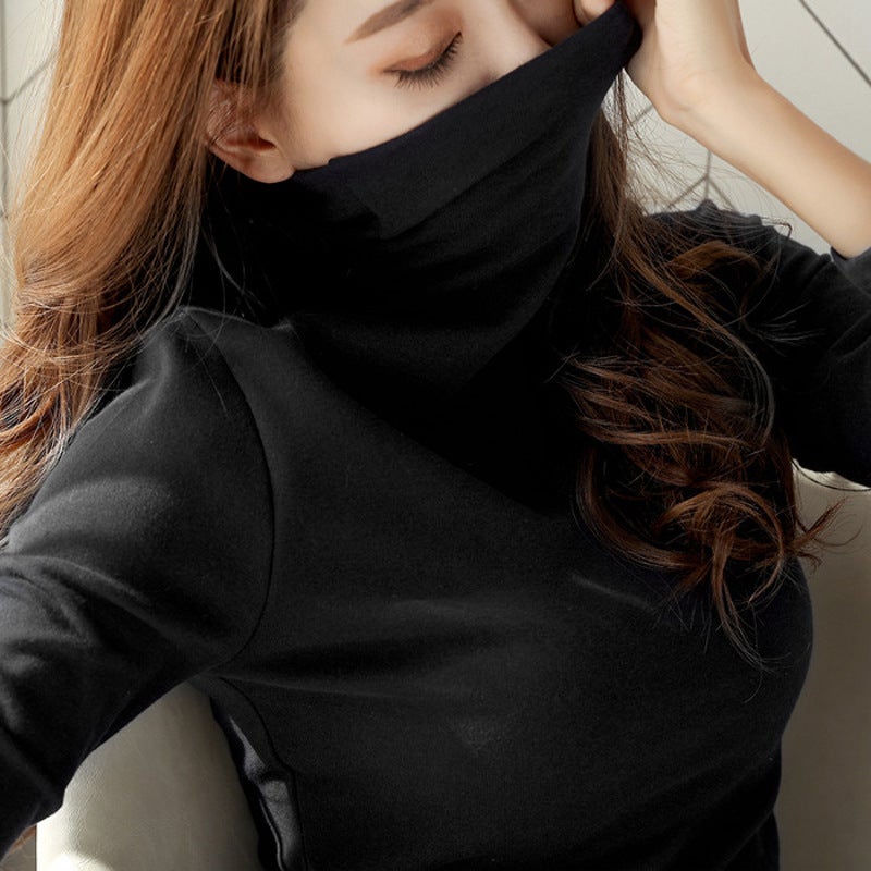 Thin Plus Velvet Solid Color T-Shirt Women'S Generation High Collar Base Shirt Long Sleeve Korean Women'S Slim Fit - Image 3