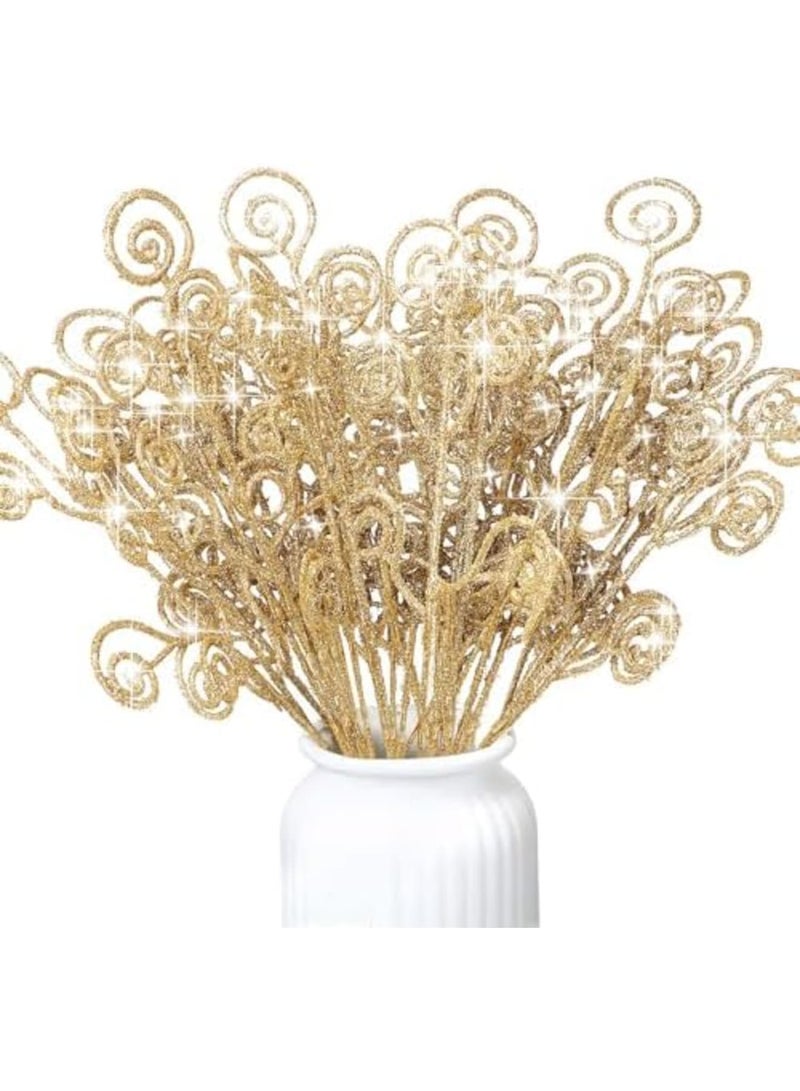 SYOSI 50 Pcs Curly Tree Picks and Sprays Twigs Glitter Artificial Stem Picks Ornaments 12 Inch Decorative Candy Shape Sticks for Wedding Wreath Decor Vase Fillers (Gold) - Image 1