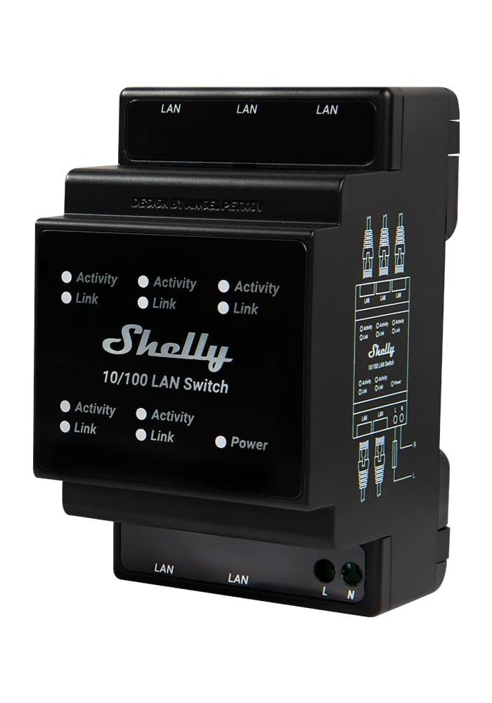 Shelly 10/100 LAN Switch for DIN Rail with 5 RJ45 Connectors - Easy Installation and Configuration - Image 1