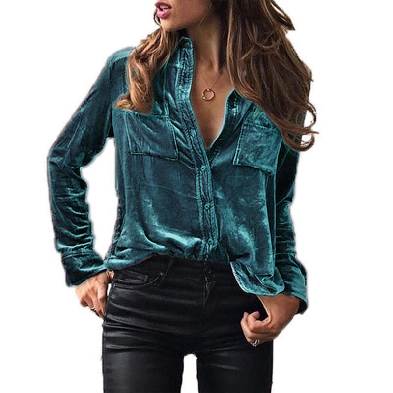 in stock Europe and the United States cross-border Amazon pocket shirt blouse solid color temperament long sleeve single breasted shirt women peacock blue