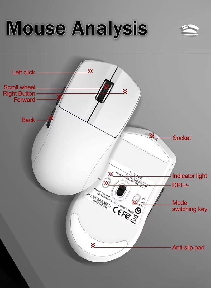 E-YOOSO Wireless Gaming Mouse, 49g Superlight, Bluetooth 5.1/2.4G/Wired, 26,000 DPI, 5 Programmable Buttons, 150 Hr Rechargeable Battery, Software Support for PC, Mac, White  - Image 5