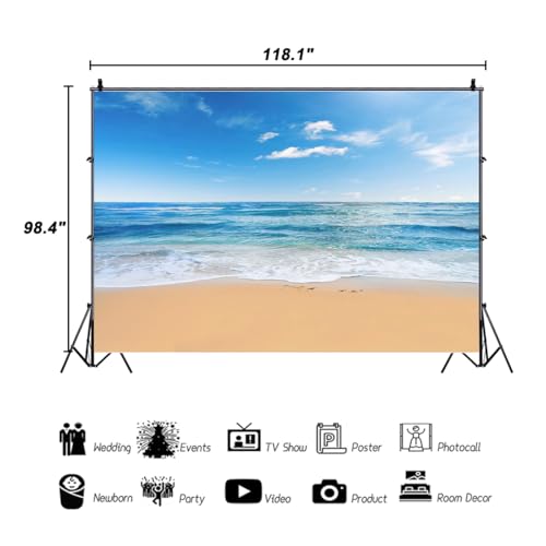 AOFOTO 10x8ft Seaside Ocean Beach Backdrop for Photography Hawaii Tropical Sea Waves Blue Sky Luau Theme Birthday Party Decorations Background Summer Aloha Vacation Travel Photo Shoot Studio Props - Image 3