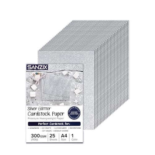 SANZIX 25 Sheets Silver Glitter Cardstock Paper- 8.2"x11.7", 110lb 300 GSM, Heavyweight Shiny Silver Glitter Paper Cardstock for Cricut, Scrapbook, DIY Crafts, Christmas, Gift Wraps, Cards - Image 1