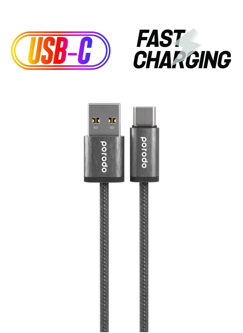 porodo - USB-A to Type-C Cable 1.2M/ Woven 3A Cable / Tangle Free Cord / 15000+ Bends Durable Wire / 480Mbps Transfer Speed - Black - Image 1