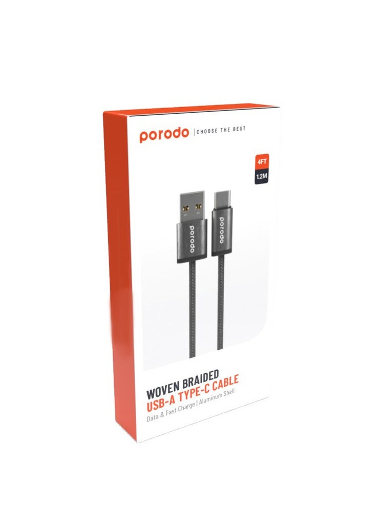 porodo - USB-A to Type-C Cable 1.2M/ Woven 3A Cable / Tangle Free Cord / 15000+ Bends Durable Wire / 480Mbps Transfer Speed - Black - Image 1