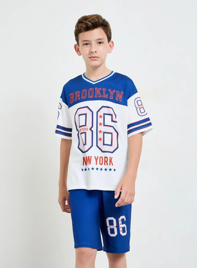 Styli Boys Graphic V Neck Jersey T-Shirt and Shorts Set