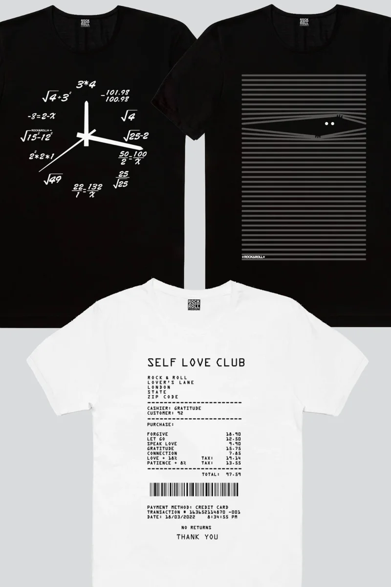 Rock & Roll Retail Love Receipt White, What Time Is It, What's Going On Men's T-Shirt 3-Pack Eco Package