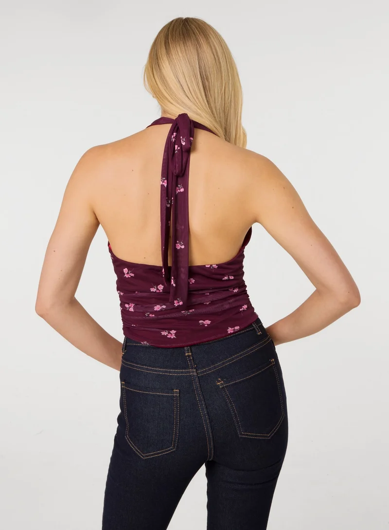 بينك فانيلا Floral Polka Dot Mesh Halter Top