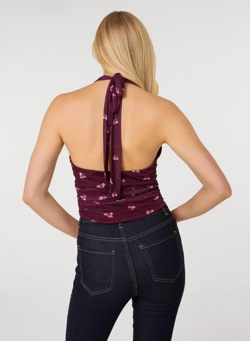 بينك فانيلا Floral Polka Dot Mesh Halter Top
