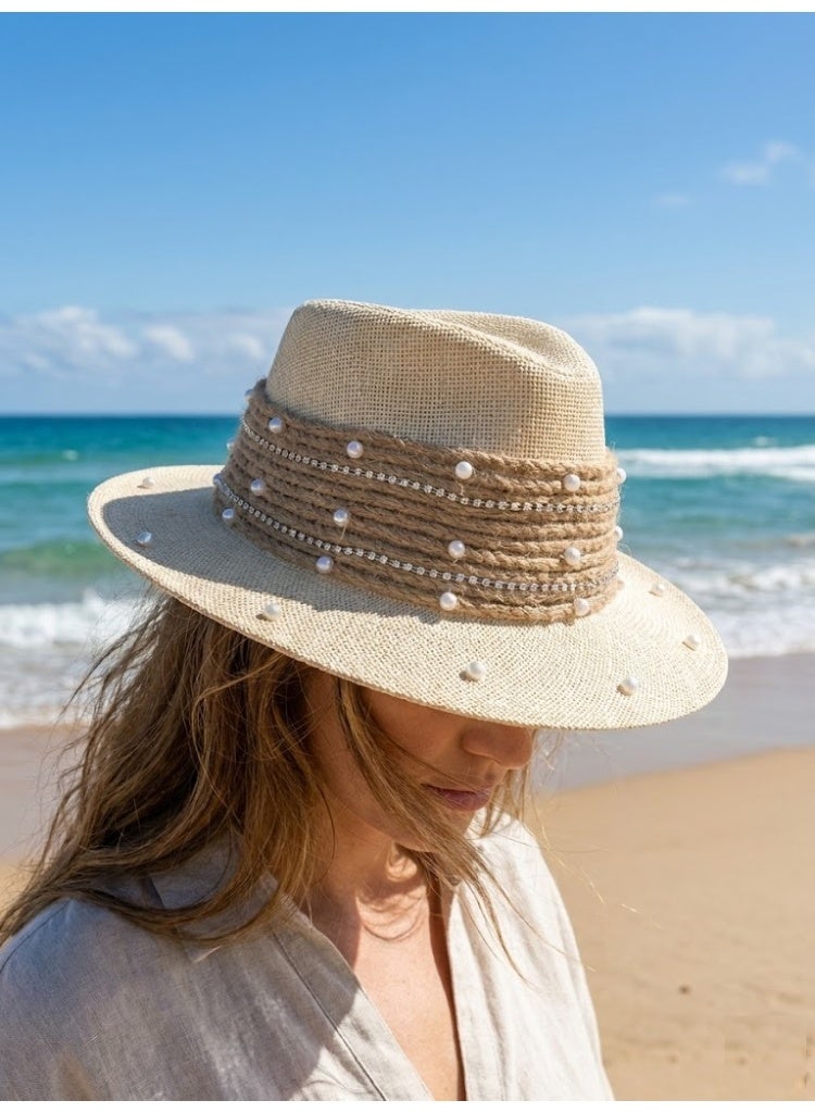 LIFESTYLISH Cowboy hat burlap Studded with pearls Q-1 - Beige - Image 2