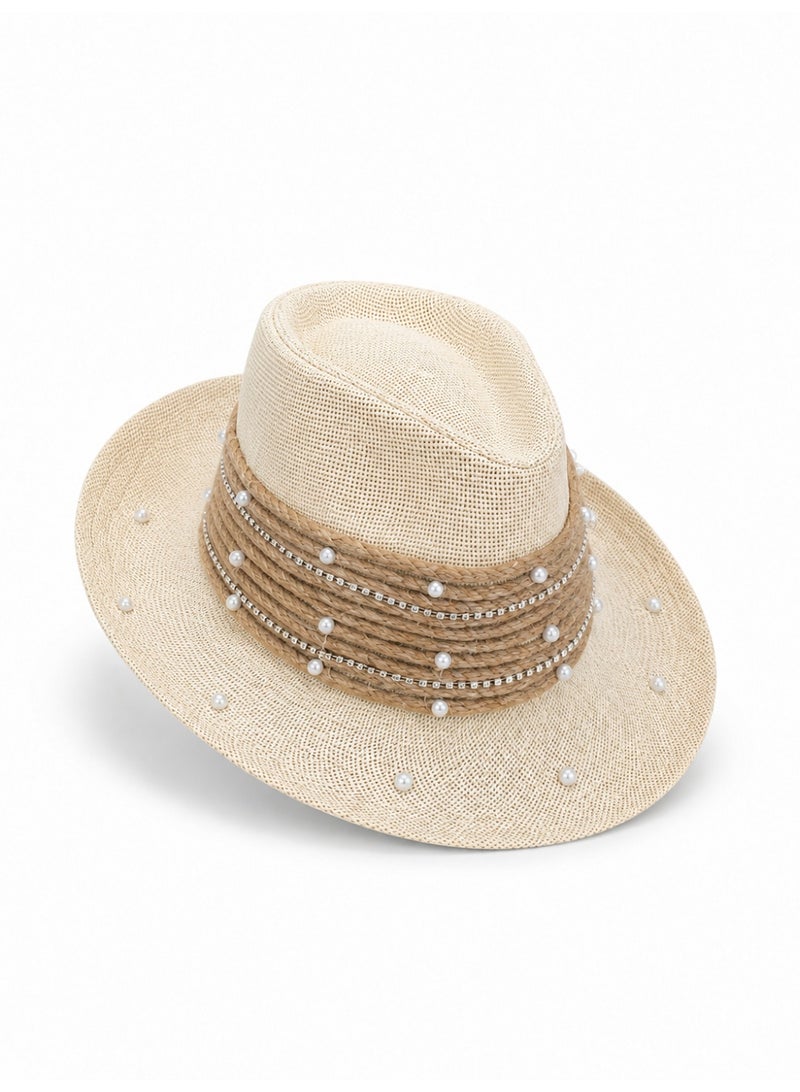 LIFESTYLISH Cowboy hat burlap Studded with pearls Q-1 - Beige - Image 1