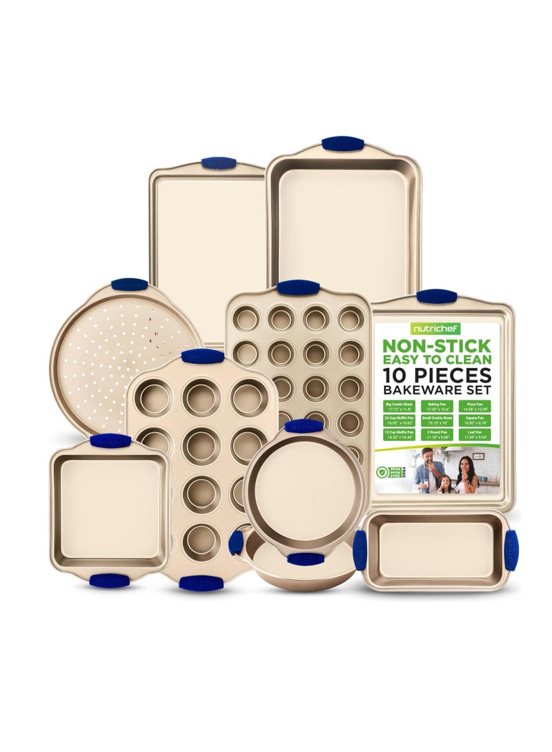 NutriChef 10-Piece Nonstick Bakeware Set - Premium Carbon Steel Baking Trays w/Heatsafe Silicone Handles, Includes Pizza Crisper, Loaf Pan, 12 & 24 Cup Muffin Pans, Round/Square Pans, Cookie Sheets - Image 1