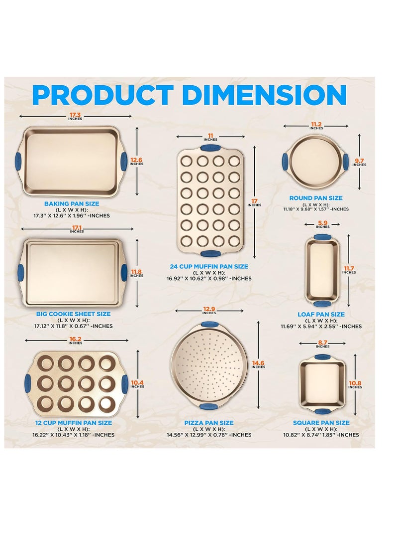 NutriChef 10-Piece Nonstick Bakeware Set - Premium Carbon Steel Baking Trays w/Heatsafe Silicone Handles, Includes Pizza Crisper, Loaf Pan, 12 & 24 Cup Muffin Pans, Round/Square Pans, Cookie Sheets - Image 2