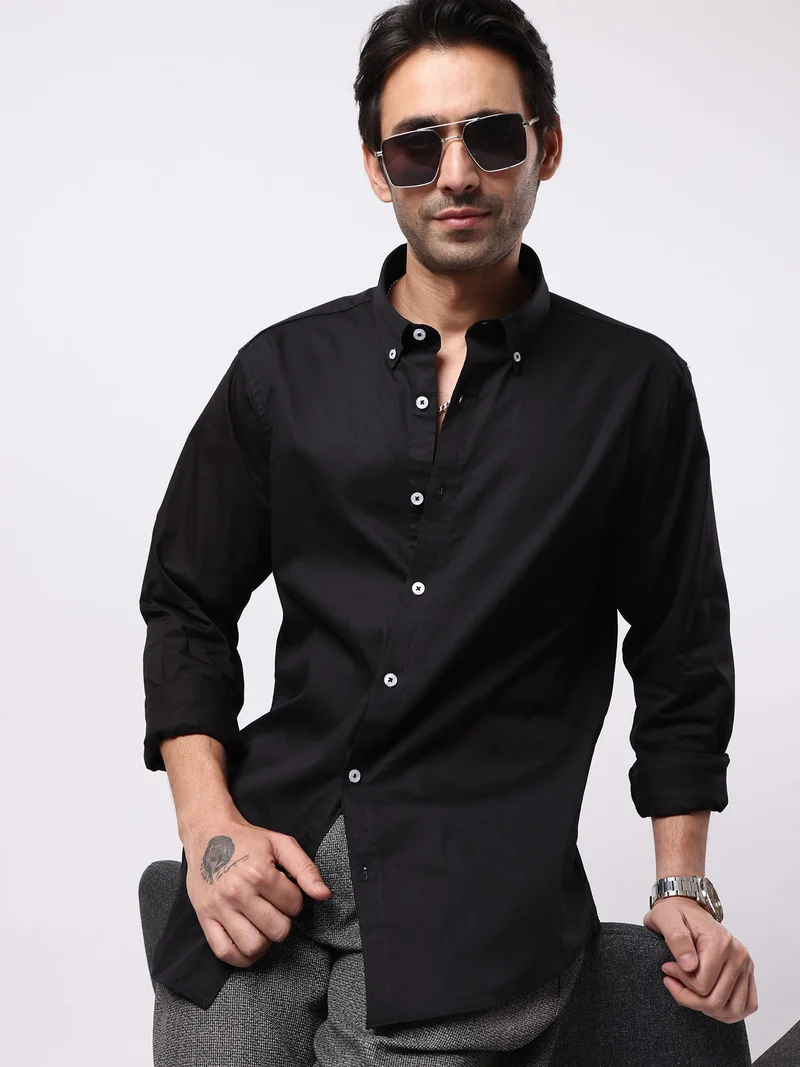 Maniac  Maniac Mens Solid Collared Neck Full Sleeve Soft Twill Fabric Black Shirt for Men | Best Price UAE