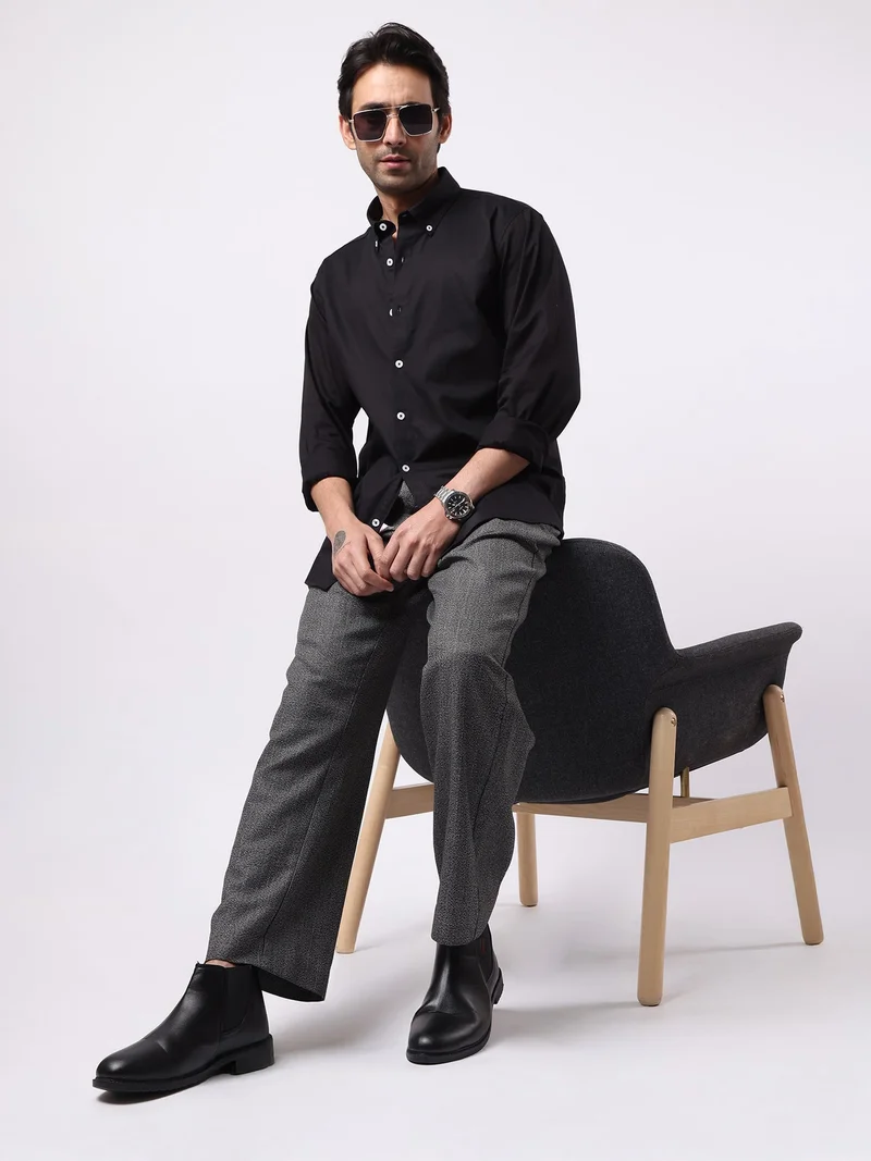 Maniac  Maniac Mens Solid Collared Neck Full Sleeve Soft Twill Fabric Black Shirt for Men | Best Price UAE