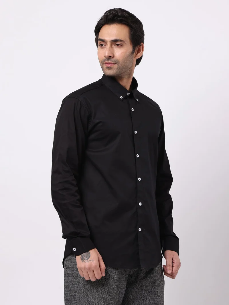Maniac  Maniac Mens Solid Collared Neck Full Sleeve Soft Twill Fabric Black Shirt for Men | Best Price UAE