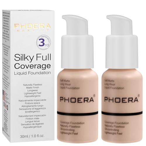 Hilareco PHOER Foundation 2pcs 101 Porcelain Full Coverage Concealer Matte Liquid Foundation OilControl Whitening Refreshing Moisturizing CrueltyFree Vegan 30ml