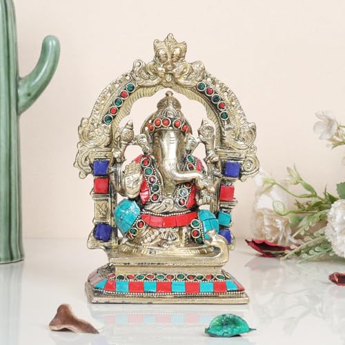 Kartique Brass Ganesha Idol with Stonework & Arch | Ganpati Murti for Home, Temple & Pooja | Decorative Ganesh Statue for Spiritual Décor & Gifting Height 7 Inches - Image 2