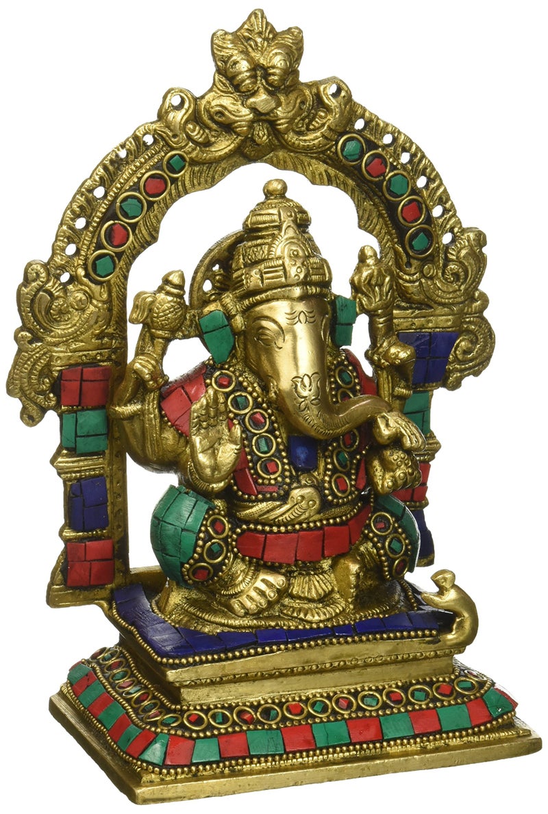 Kartique Brass Ganesha Idol with Stonework & Arch | Ganpati Murti for Home, Temple & Pooja | Decorative Ganesh Statue for Spiritual Décor & Gifting Height 7 Inches - Image 1