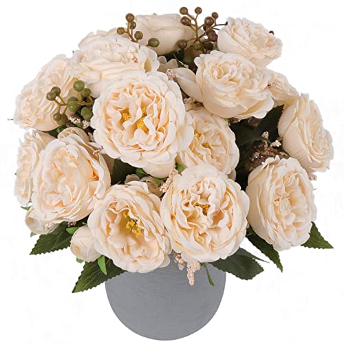 Artificial Peonies Silk Flowers Beige Faux Peony Bouquet 4 Bundles Florals Arrangements Decor for Farmhouse Home Boho Wedding Table Centerpiece Fake Plastic Flowers Bulk for Vase Decoration Beige