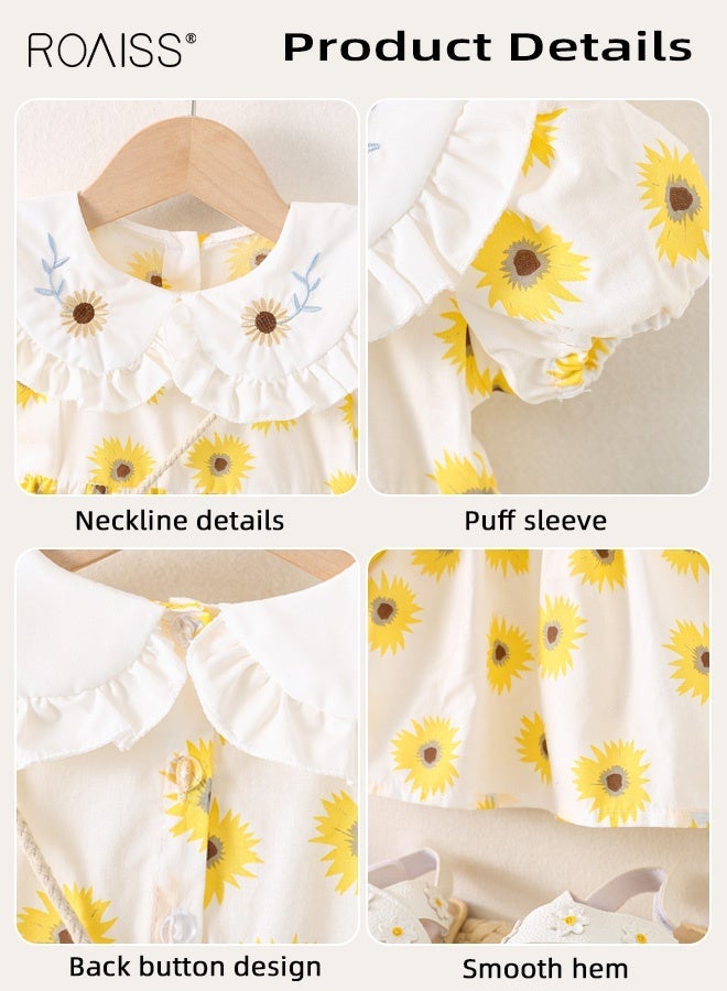 roaiss Girls 2PCS Summer Dress Set, Short Sleeved Floral Dress and Sunflower Bag Set, Stylish A-line Dress with Peter Pan Collar and Sunflower Pattern, Casual Chic Frock for Girls, Suitable for Daily Wear, Vacations or Any Occasion - Image 4