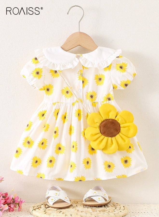 roaiss Girls 2PCS Summer Dress Set, Short Sleeved Floral Dress and Sunflower Bag Set, Stylish A-line Dress with Peter Pan Collar and Sunflower Pattern, Casual Chic Frock for Girls, Suitable for Daily Wear, Vacations or Any Occasion - Image 2