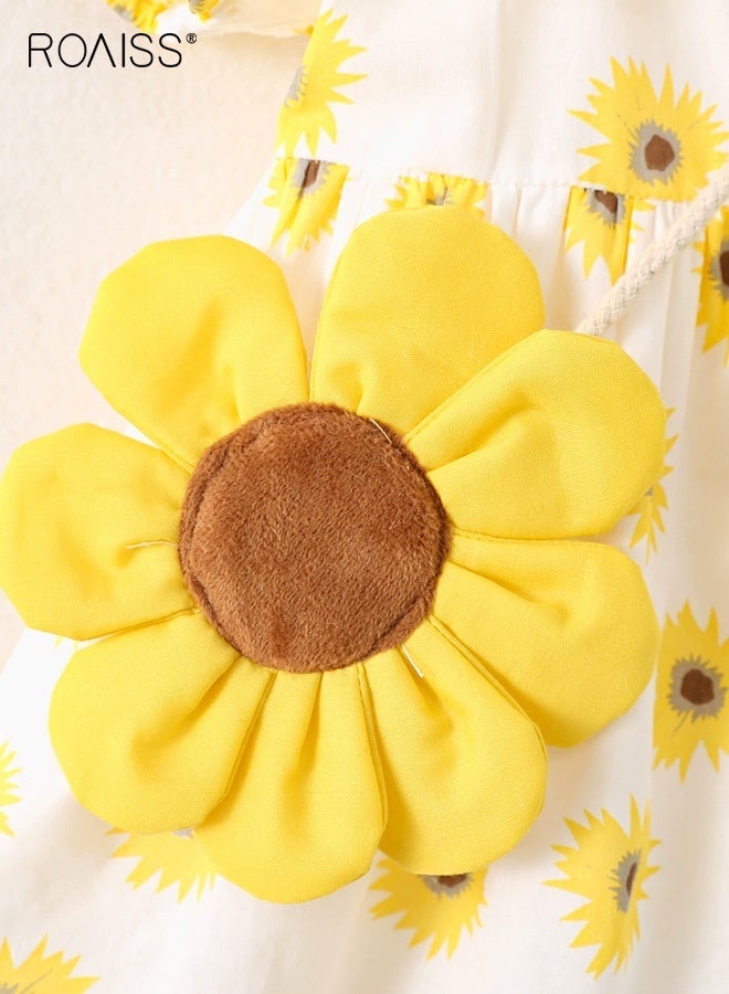 roaiss Girls 2PCS Summer Dress Set, Short Sleeved Floral Dress and Sunflower Bag Set, Stylish A-line Dress with Peter Pan Collar and Sunflower Pattern, Casual Chic Frock for Girls, Suitable for Daily Wear, Vacations or Any Occasion - Image 3
