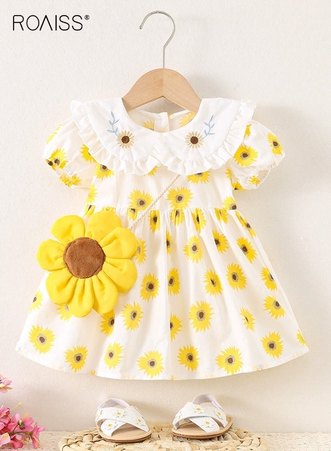 roaiss Girls 2PCS Summer Dress Set, Short Sleeved Floral Dress and Sunflower Bag Set, Stylish A-line Dress with Peter Pan Collar and Sunflower Pattern, Casual Chic Frock for Girls, Suitable for Daily Wear, Vacations or Any Occasion - Image 1
