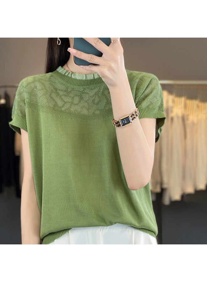 MIIOW Popular 2025 New Women'S Chiffon Knitted Top, Breathable Thin Hollow-Out Short Sleeve Pullover Base Layer - Image 4