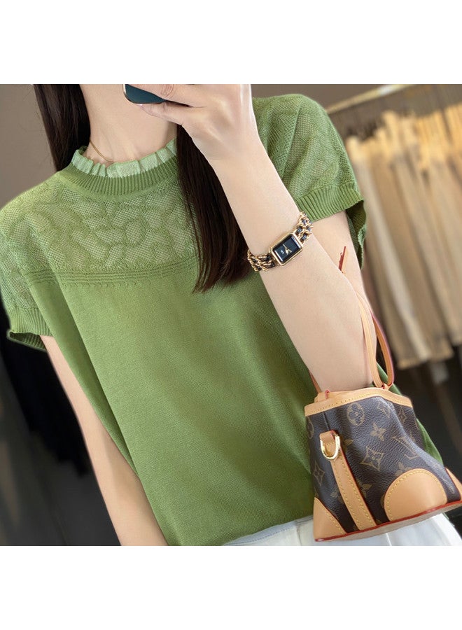 MIIOW Popular 2025 New Women'S Chiffon Knitted Top, Breathable Thin Hollow-Out Short Sleeve Pullover Base Layer - Image 2