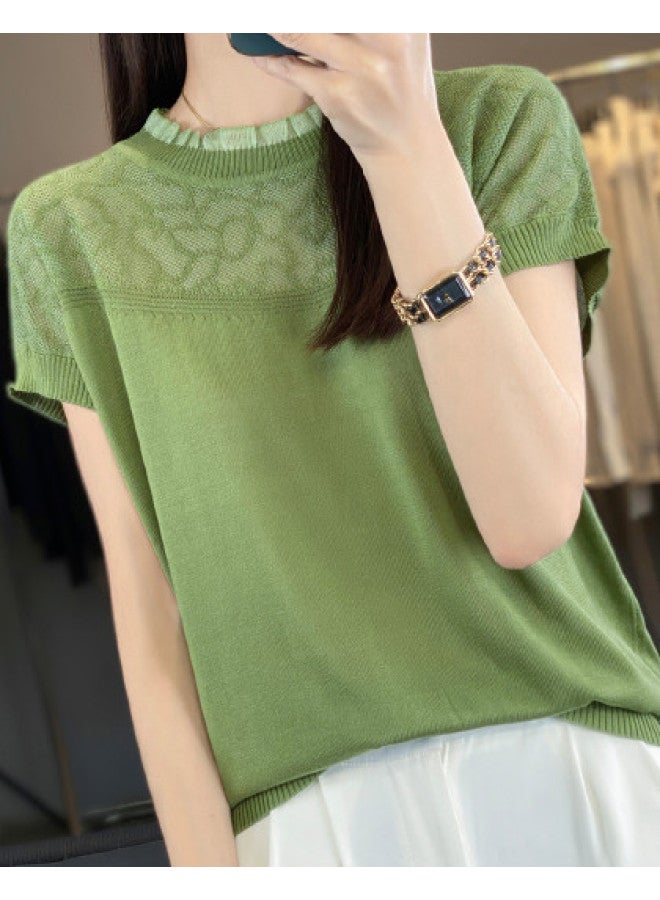 MIIOW Popular 2025 New Women'S Chiffon Knitted Top, Breathable Thin Hollow-Out Short Sleeve Pullover Base Layer - Image 1