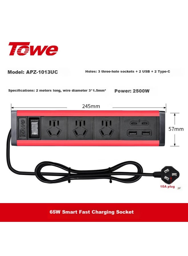 Towe 65w High Power Usb-c Desktop Gaming Pdu Socket With 3 Standard Outlets, 5 Standard Sockets, 2 Usb Ports, And 2 Type-c Ports In Red Aluminum Alloy Shell