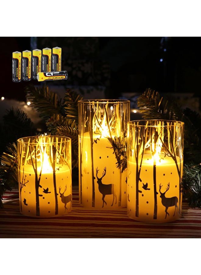 Rhytsing Silver Reindeer Design Glass Battery Operated LED Candles with 6H Timer, Christmas Flameless Candles with Warm White Light, Batteries Included - Set of 3 - Image 1