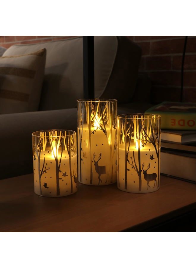 Rhytsing Silver Reindeer Design Glass Battery Operated LED Candles with 6H Timer, Christmas Flameless Candles with Warm White Light, Batteries Included - Set of 3 - Image 3