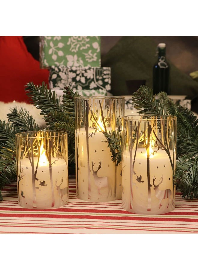 Rhytsing Silver Reindeer Design Glass Battery Operated LED Candles with 6H Timer, Christmas Flameless Candles with Warm White Light, Batteries Included - Set of 3 - Image 2
