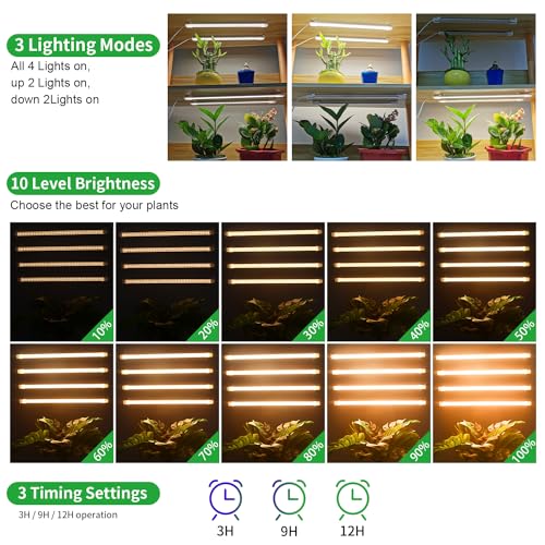 RWNTAO LED Plant Growing Lamp Strips, Full Spectrum 3500K Grow Light for Indoor Plants with 3/9/12H Timer and 10 Dimmable Levels for Green House Hydroponics Succulent, 4 Head 13 Inches - Image 3