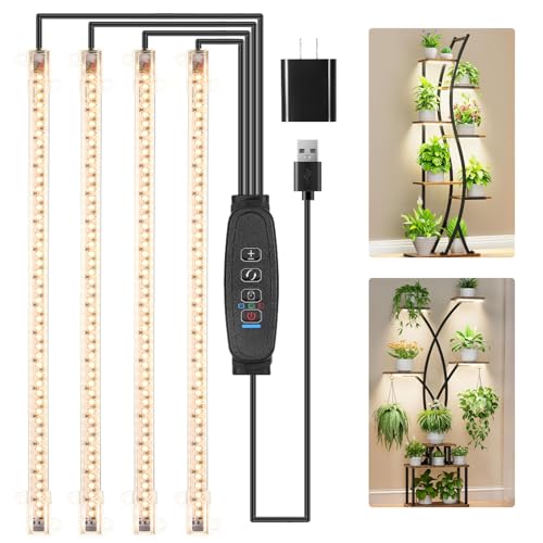 RWNTAO LED Plant Growing Lamp Strips, Full Spectrum 3500K Grow Light for Indoor Plants with 3/9/12H Timer and 10 Dimmable Levels for Green House Hydroponics Succulent, 4 Head 13 Inches - Image 1