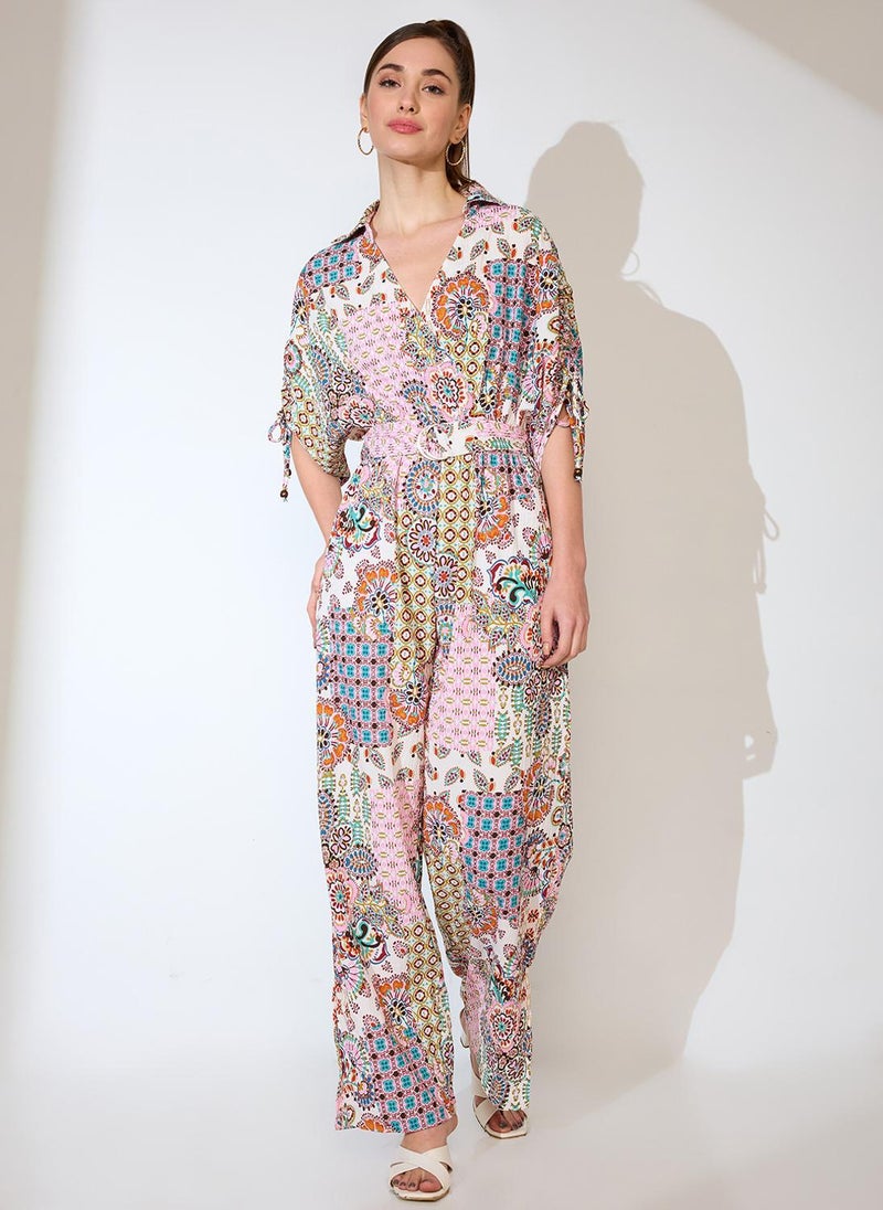 Globus Women's Jumpsuit Multi Pink Fusion Wear with Shirt Collar and Ruched Sleeves - Image 1