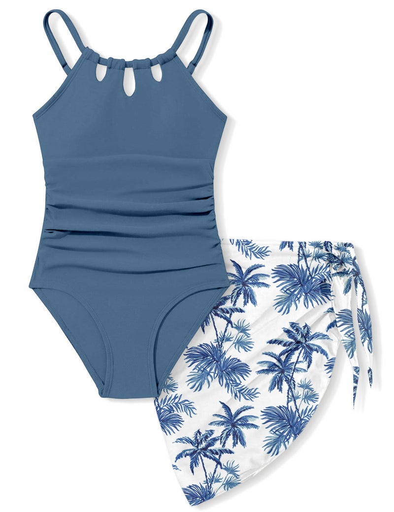 KANGKANG Girls Swimsuit, Teen Swimsuits for Girls 12-14 Quick Dry Cut Out One Piece Bathing Suit with Tropical Print Cover Up Skirt Swimwear Set - Image 1