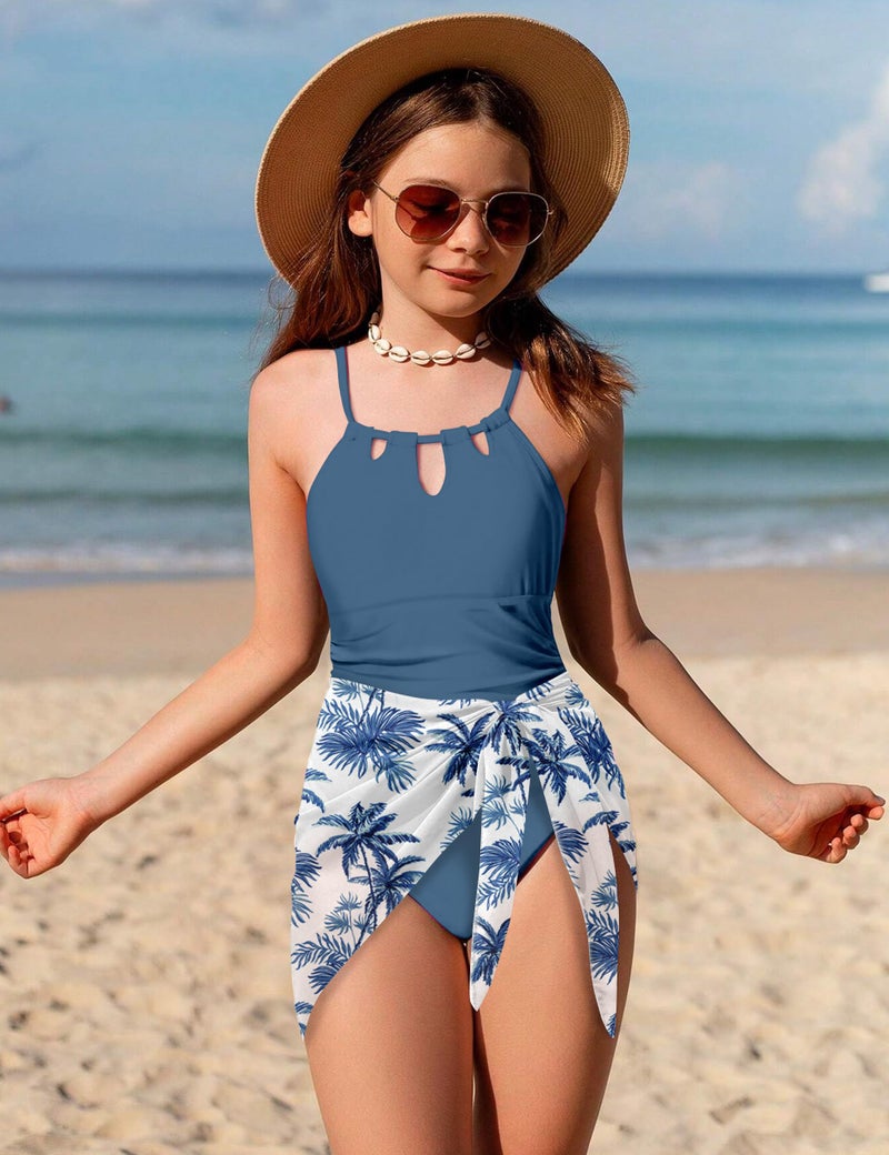 KANGKANG Girls Swimsuit, Teen Swimsuits for Girls 12-14 Quick Dry Cut Out One Piece Bathing Suit with Tropical Print Cover Up Skirt Swimwear Set - Image 5