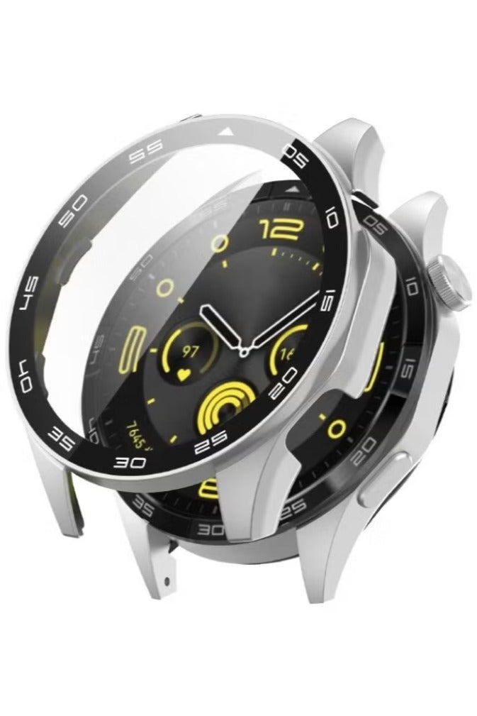 حافظة ساعة هواوي GT 4 مقاس 46 مم مع واقي شاشة من الزجاج المقوى 9H، تصميم فريد من نوعه، غطاء صلب مقاوم للماء من البولي كربونات، ملحقات تغطية كاملة حساسة للمس مع مقياس لساعة هواوي GT4 مقاس 46 مم (فضي) - Image 1