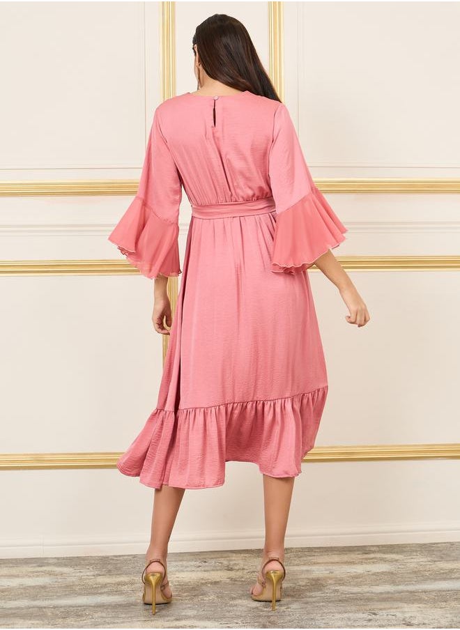 Styli - Embroidered 3/4 Sleeves A-Line Midi Dress with Tie Belt - Image 1