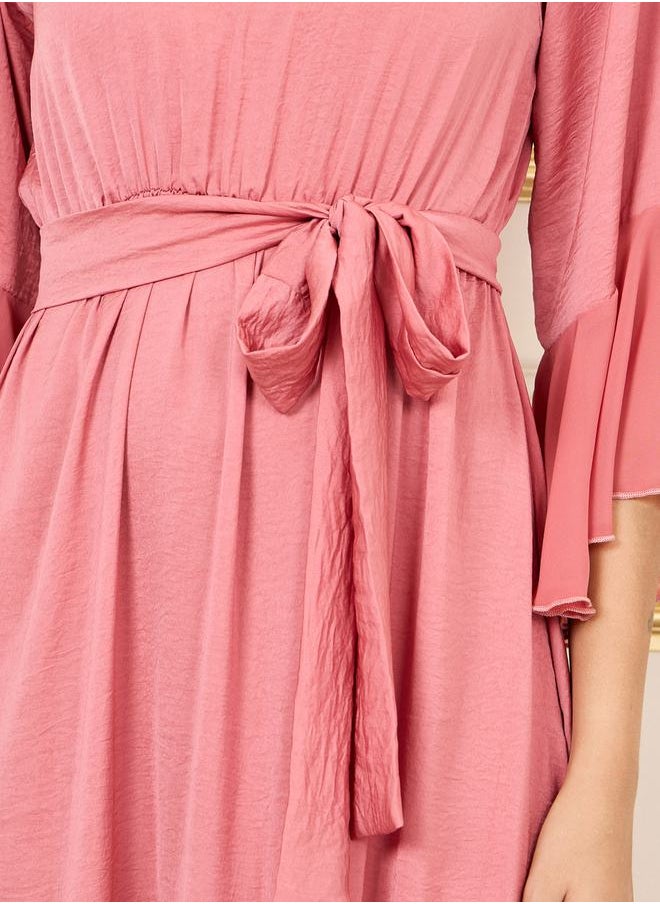 Styli - Embroidered 3/4 Sleeves A-Line Midi Dress with Tie Belt - Image 1