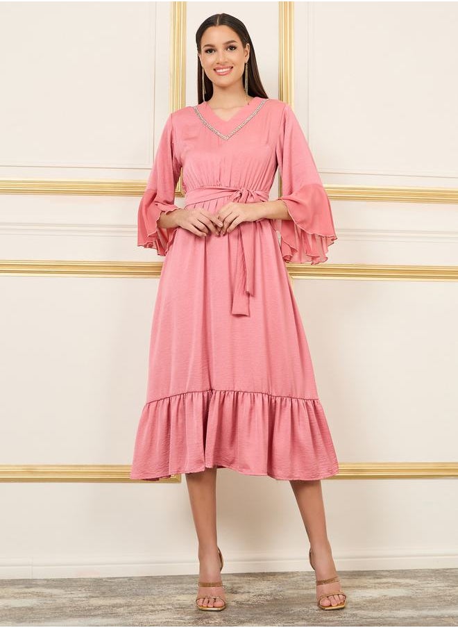 Styli - Embroidered 3/4 Sleeves A-Line Midi Dress with Tie Belt - Image 1