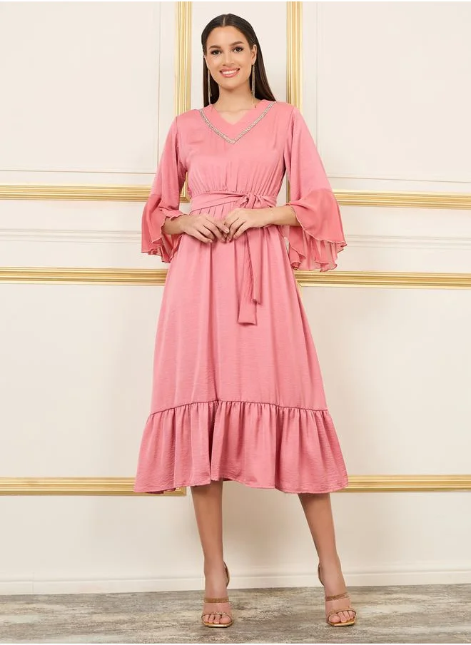 Styli Embroidered 3/4 Sleeves A-Line Midi Dress with Tie Belt