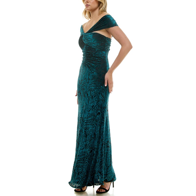 Taylor Women's Off The Shoulder Body Twist Bodice with Center Front Rouching Long Dress, Malachite Black - Image 3